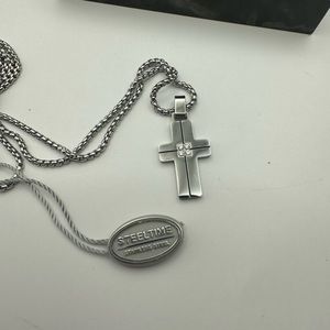 407-PHTT New 24”Steeltime Polished  Cross Stainless Steel CZ Pendant & Chain